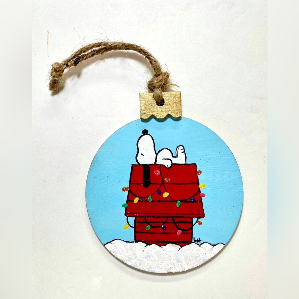 ORIGINAL Hand Painted Christmas Snoopy and Woodstock on Round Wood Ornament Disc